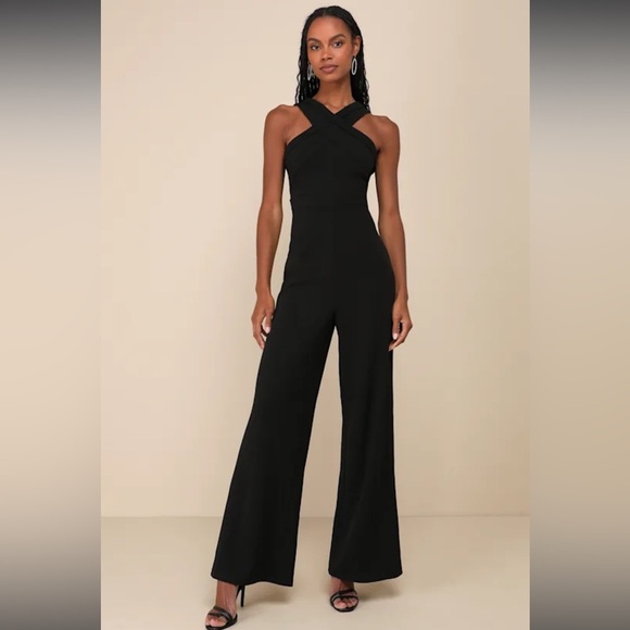 New Criss-Cross Your Mind Black Cross-Front Wide-Leg Lulus Jumpsuit medium - Picture 1 of 10